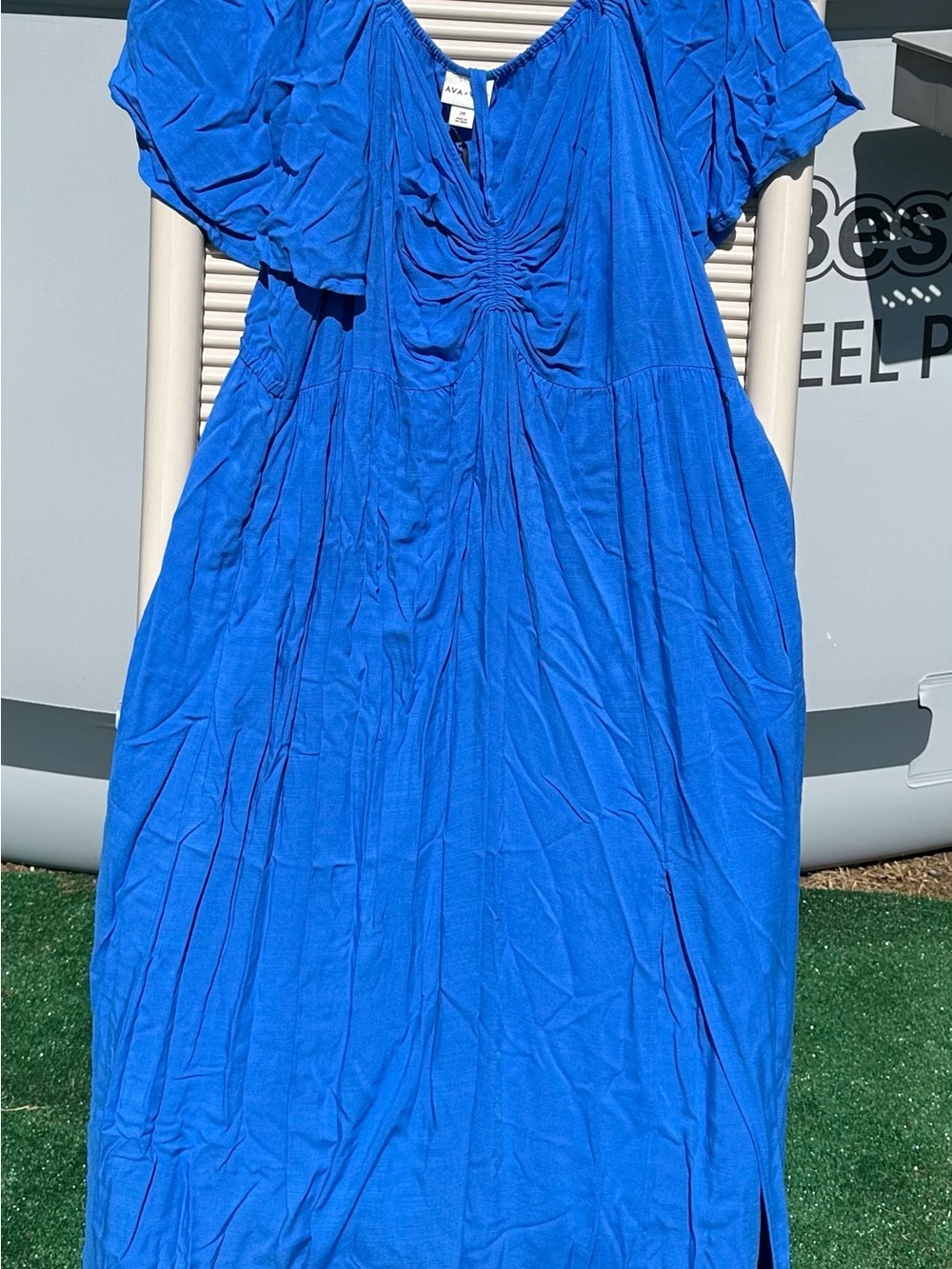 Ava & Viv Cobalt Blue Ruched V-Neck Maxi Dress